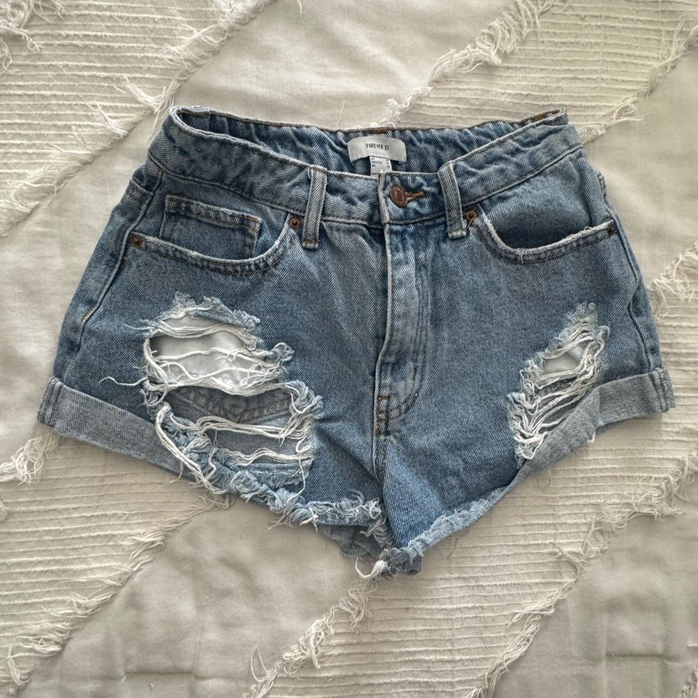 Forever 21 Light Blue Distressed Denim Cutoff Shorts